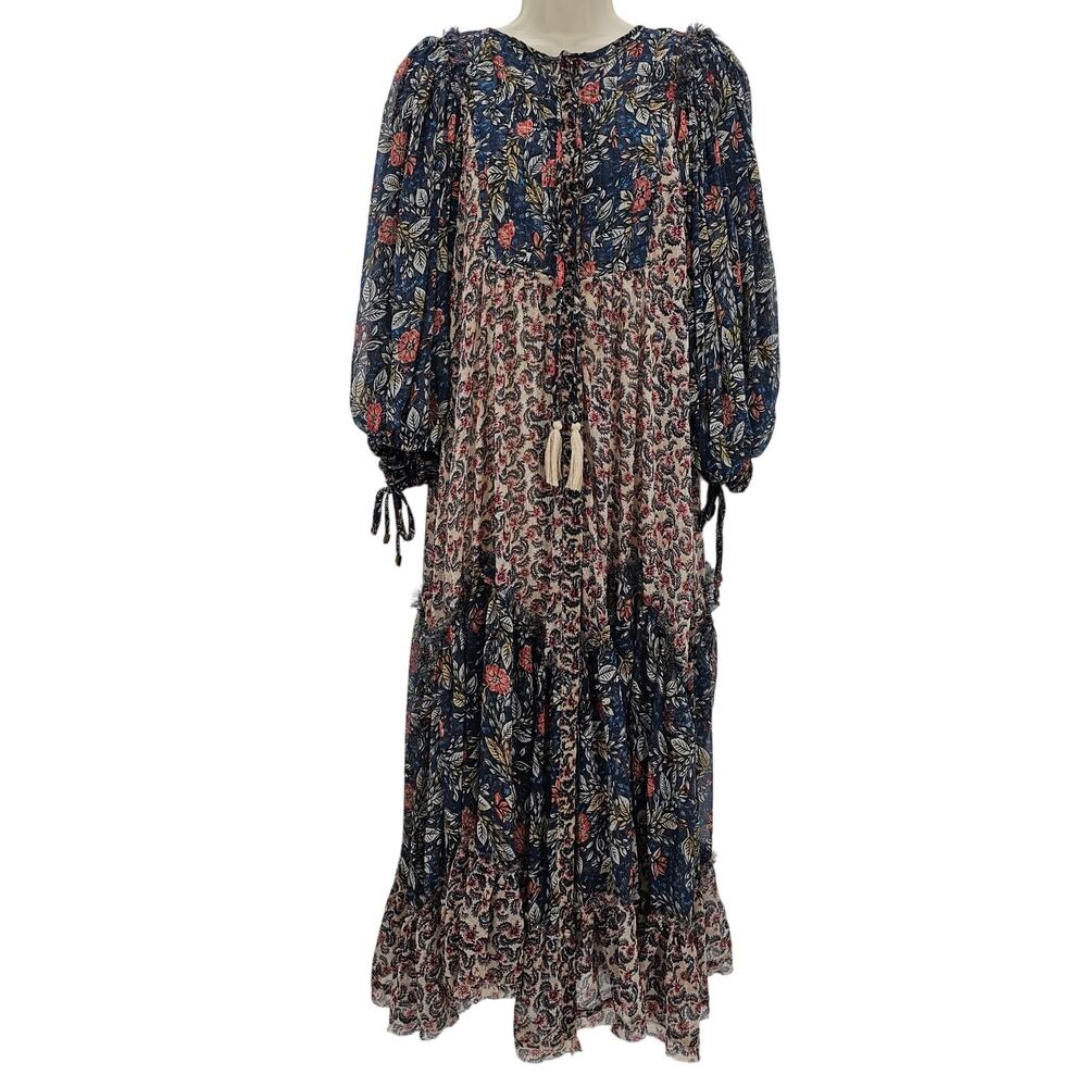 Free People Womans size S Estelle Chiffon Button Front Maxi Dress Blue/Tan Multi